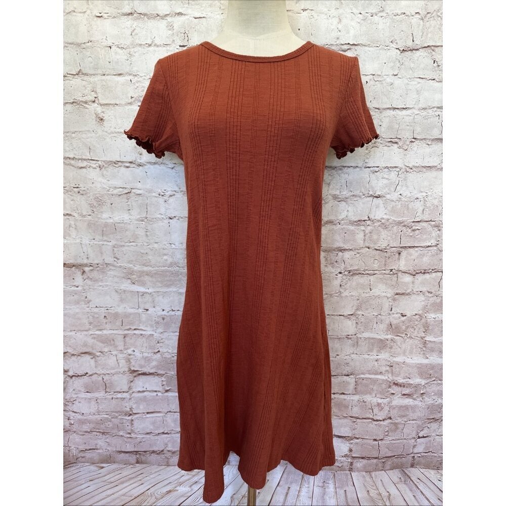American Eagle Womens Rib Knit Dress Size S Rust Short Sleeve Cotton Stretch NEW